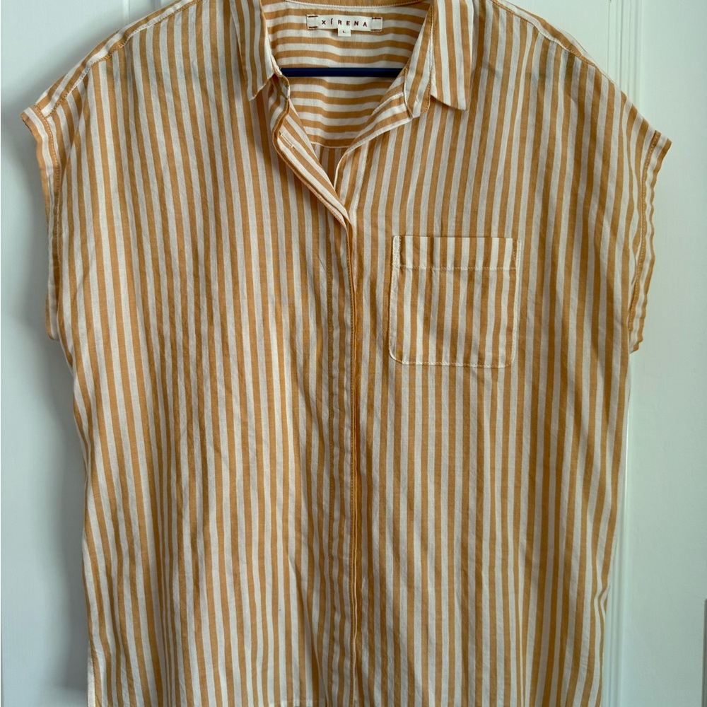 XiRENA Tan and White Striped Button Down Casual Shirt